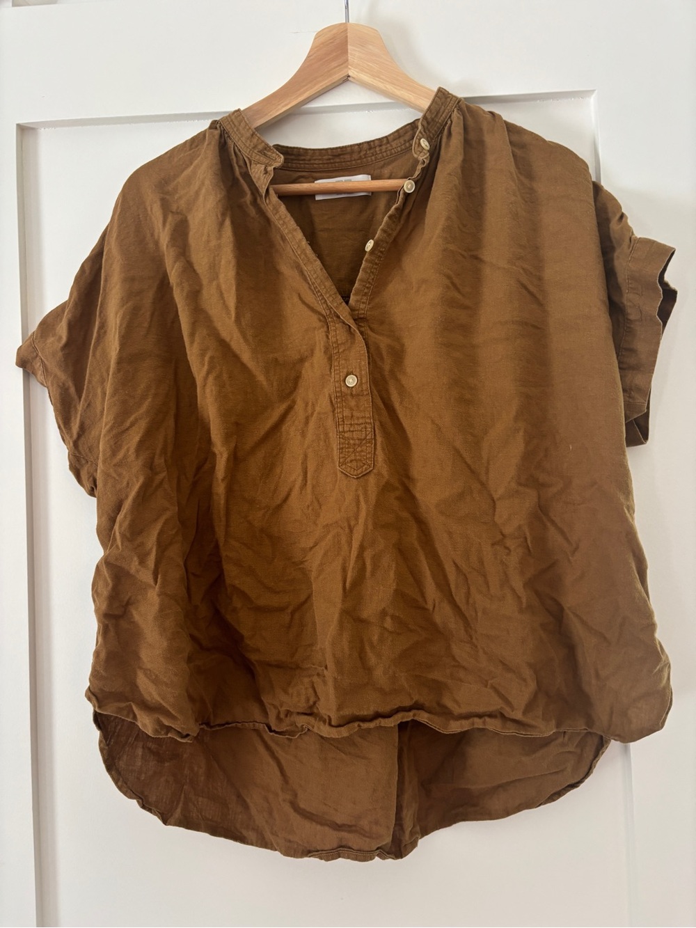 Uniqlo Dark Tan Linen Popover Top, M